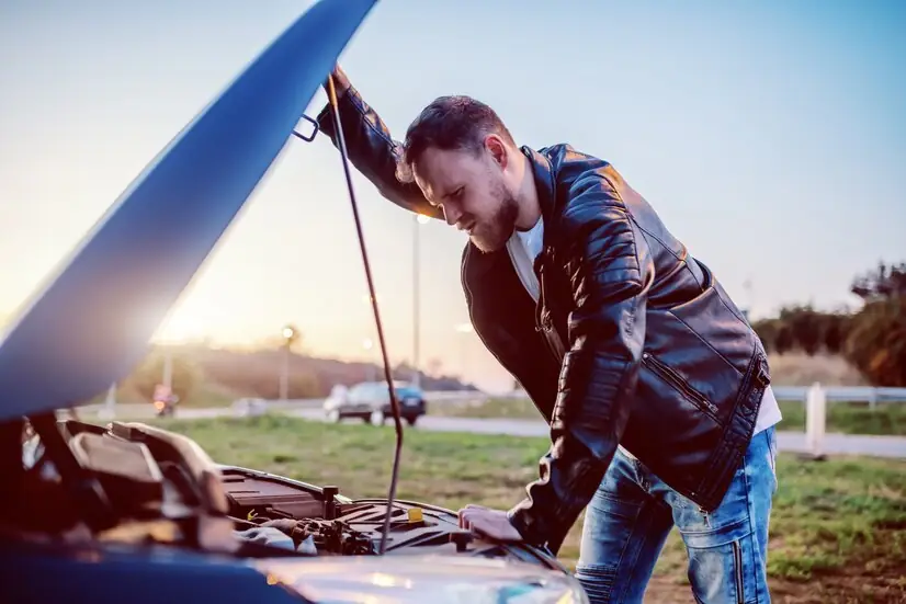 A frustrated man examining his car, reflecting on poor car habits that may have caused it to stop working.