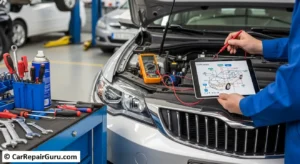Automotive technician inspecting vehicle headlights and windshield wipers for the car safety maintenance visibility check