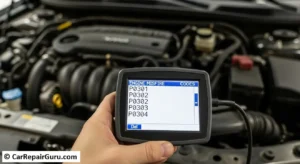 OBD-II scanner display showing a P0300 random multiple cylinder engine misfire code