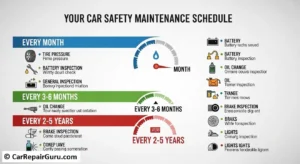 Car safety maintenance schedule checklist infographic showing monthly, six-month, and annual vehicle inspection intervals