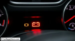 Illuminated red battery charging system light indicating alternator failure or broken serpentine belt