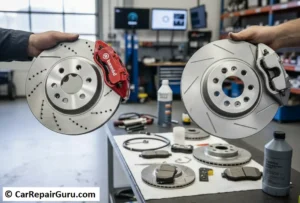 Comparison of ceramic vs semi-metallic brake pads and blank vs drilled rotors for choosing the right brake components