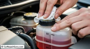Mechanic wiping the reservoir cap to check power steering fluid level on the dipstick