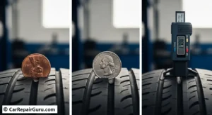 Mechanic performing the penny test method for checking your tire tread depth on a worn passenger vehicle tire