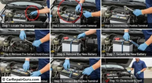 Technician performing a car battery replacement by loosening the negative terminal clamp with a wrench in the engine bay