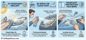 Restored headlight assembly with UV protective sealant applied for long-lasting clarity