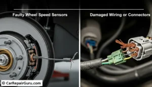 Diagram illustrating common causes of ABS failure, highlighting wheel speed sensor locations and the ABS control module assembly