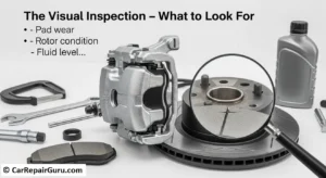 Visual inspection of brake pad thickness and rotor surface condition through the wheel spokes during a car brake safety check
