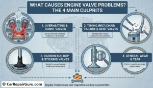 Close-up visual comparison of engine valve problems showing a burnt exhaust valve face and a bent valve stem