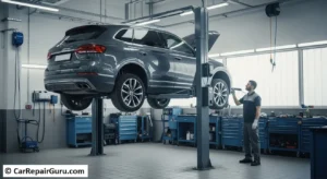 ASE certified technician using a micrometer to measure brake rotor thickness and pad life during a professional brake inspection