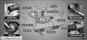 Inspecting power steering hoses and pump for signs of a power steering fluid leak