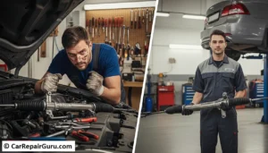 Professional mechanic performing a complex steering rack replacement using specialized tools under a vehicle lift