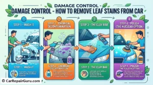 A professional detailer operating a dual-action polisher with a mild compound on a vehicle's hood, actively attempting to remove leaf stains from car paint caused by deep tannic acid etching.