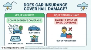 Reviewing comprehensive insurance policy paperwork to cover repair hail damage car costs on a dented hood