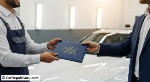 Automotive technician using PDR tools to repair hail damage car without repainting the factory finish