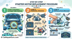 Mechanic identifying mounting bolts on the transmission bell housing for a DIY starter motor replacement