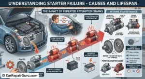Internal view of a worn starter motor showing heat damage to the solenoid windings and brushes