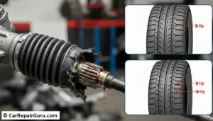 Close-up inspection of uneven tire wear patterns caused by a bad steering rack and misalignment