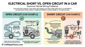 Technical diagram comparing an automotive electrical short circuit to ground versus an open circuit condition