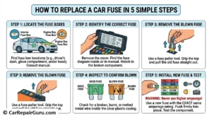 A master technician using a plastic fuse puller tool to safely remove and replace a car fuse inside the engine bay fuse box.