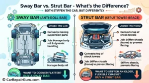 Comparison of a strut bar mounted under the hood to stiffen the chassis versus a sway bar located under the car to reduce body roll.