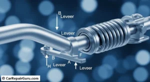 Close-up of an adjustable aftermarket sway bar showing multiple mounting holes on the lever arm to tune suspension stiffness and handling.
