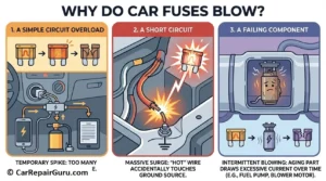 Visual comparison showing why car fuses blow: an intact 15-amp blade fuse next to a blown car fuse revealing a melted and broken internal metal wire.