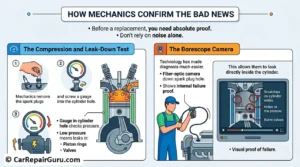 ASE certified mechanic evaluating cylinder pressure with a compression gauge and checking for internal engine damage with a borescope camera, confirming signs you need a new engine.