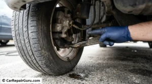 A rusted metal brake line actively leaking hydraulic fluid under a car chassis, demonstrating why it is highly dangerous to drive with a brake leak due to the risk of a high-pressure blowout.