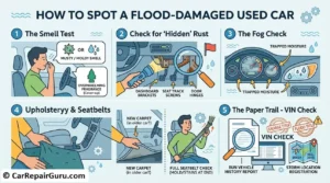 Inspecting a used vehicle for hidden rust under the dashboard to aid in avoiding flood damage car issues