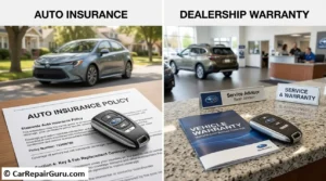 Analyzing comprehensive auto insurance policy details and extended warranty paperwork to cover car key fob replacement cost