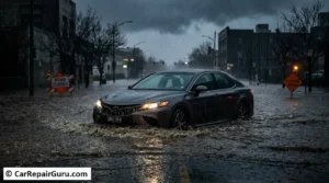 A sedan attempting to drive through deep street water, risking engine hydrolock and car flood damage