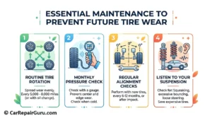 Automotive technician checking tire pressure and performing regular maintenance to prevent uneven tire wear patterns