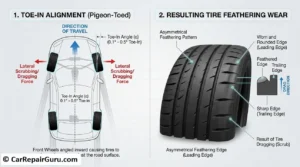 Tire feathering wear pattern showing angled, sharp edges on tread blocks due to incorrect toe wheel alignment