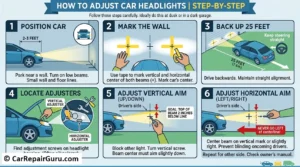 A DIY mechanic demonstrating how to adjust car headlights by measuring and aligning the beam cut-off line on a marked garage wall