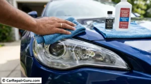 Applying a protective UV clear coat sealant to a newly sanded and polished polycarbonate headlight lens