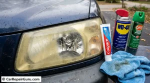 Comparing toothpaste and WD-40 household hacks on a foggy headlight assembly versus professional headlight restoration methods