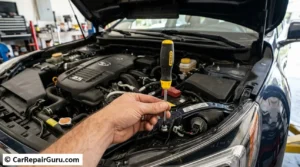 Locating the vertical and horizontal headlight adjustment screw location under the vehicle hood to troubleshoot and correct misaligned beams