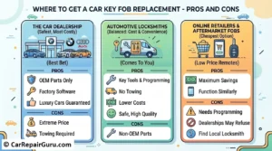 Evaluating options for replacing car key fob components, including dealership programming, locksmith services, and aftermarket electronics