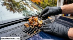Debris and organic leaves blocking a vehicle's windshield cowl drains, showing how clogged drainage pathways cause cabin leaks