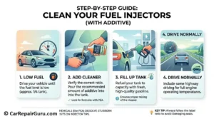 Pouring concentrated fuel injector cleaner additive into the gas tank filler neck to maintain car fuel system performance